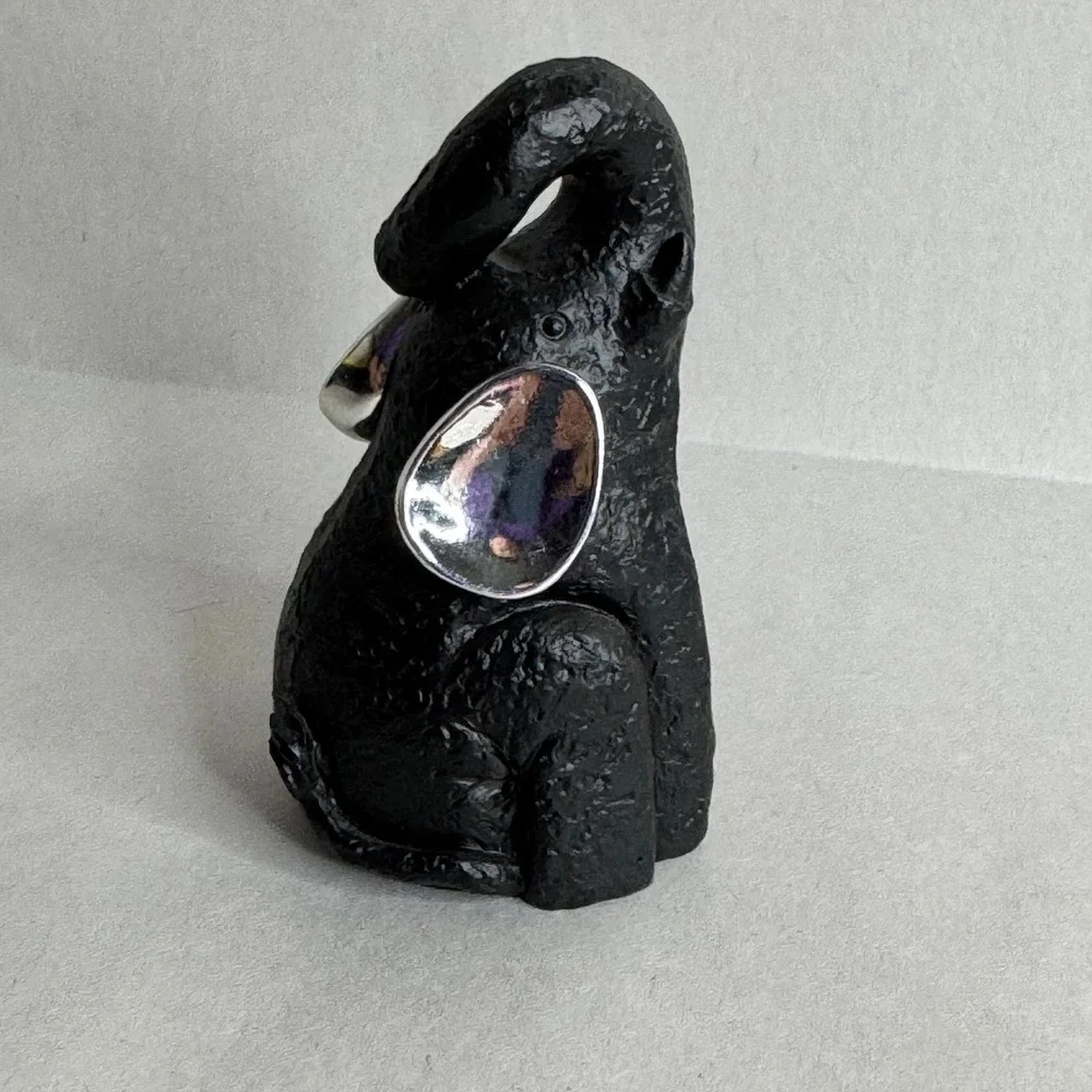 Vintage Black Textured Elephant Figurine with‎ Silver Ears Trunk Up
